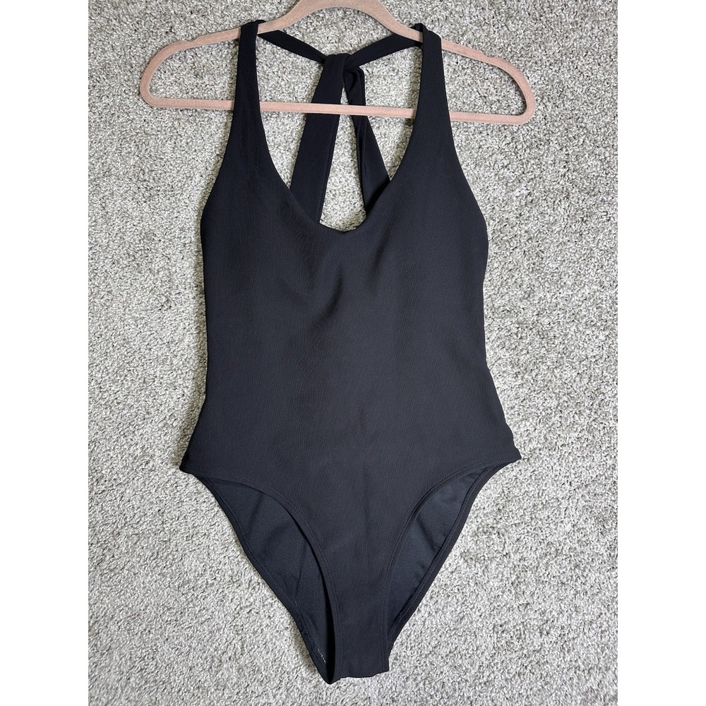 WILO The Label Black One Piece Swimsuit Womens Size M Cross Back  V Neck EUC‎